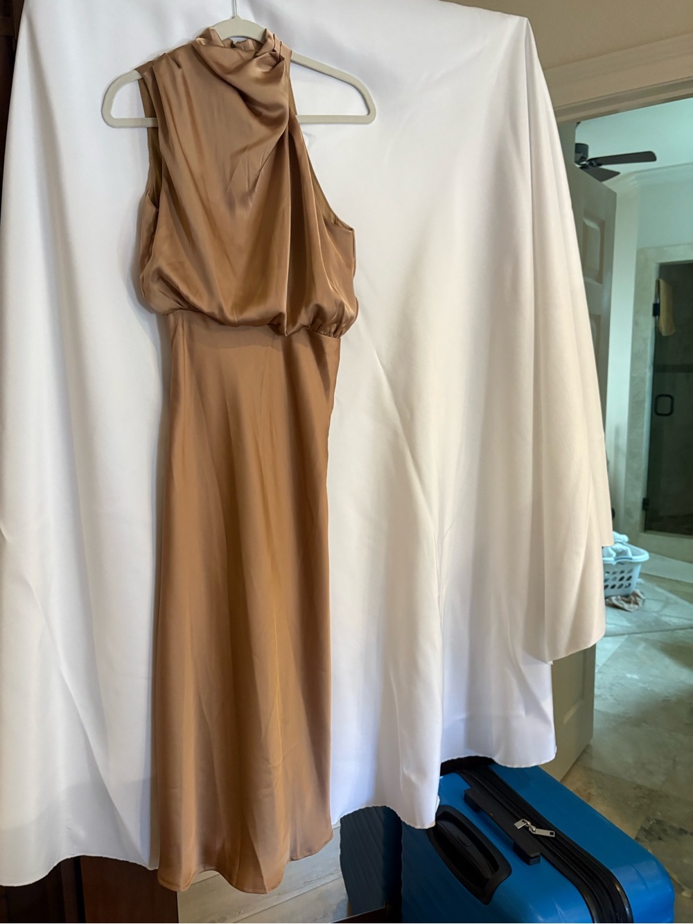 Satin Halter Midi Dress in Camel Tan